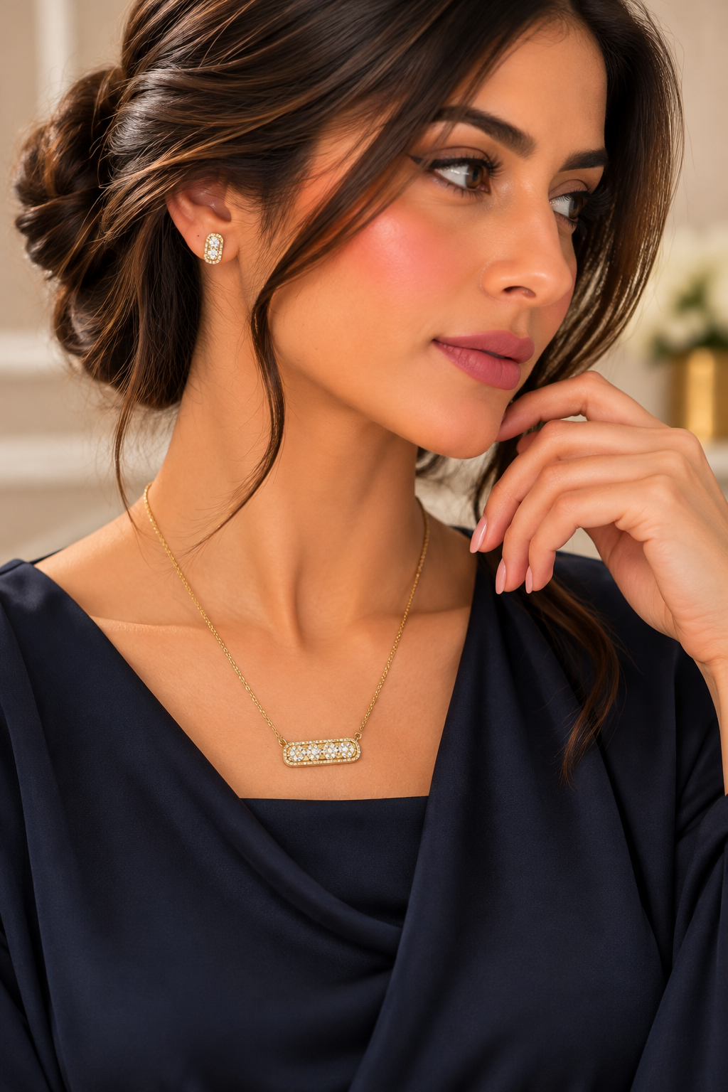 Elegant Gold Crystal Bar Necklace & Earrings Set