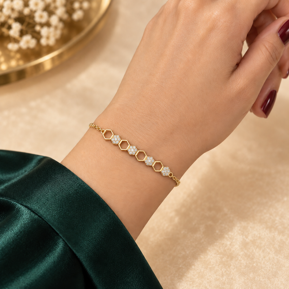Gold-Tone Open Hexagon Crystal Bracelet