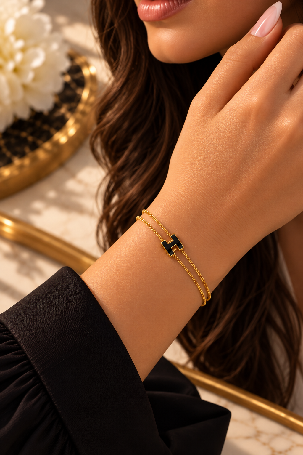 Black H Double Chain Bracelet