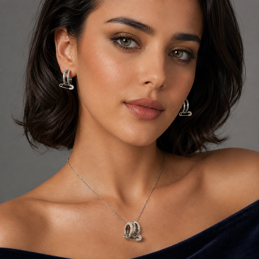 Silver Interlocking Ring & Safety Pin Jewelry Set