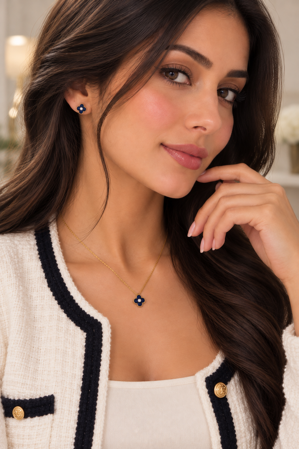 Navy Blue Clover Jewelry Set – Elegant Necklace & Earrings