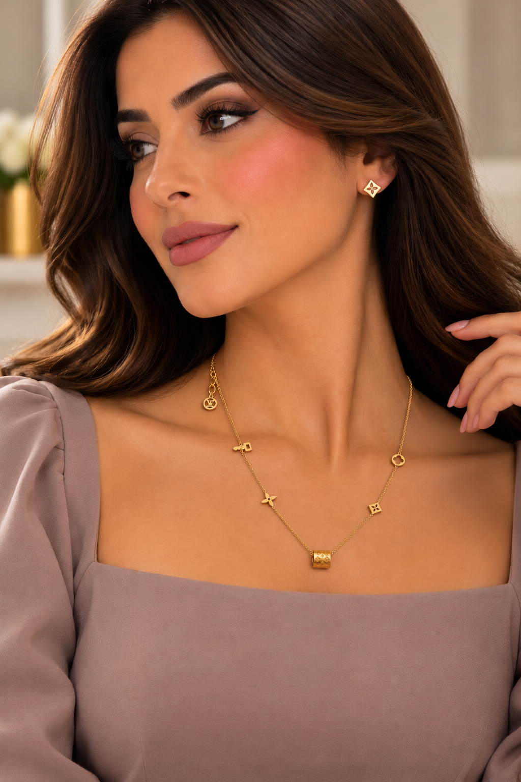 Elegant Gold Floral Charm Necklace & Earrings Set