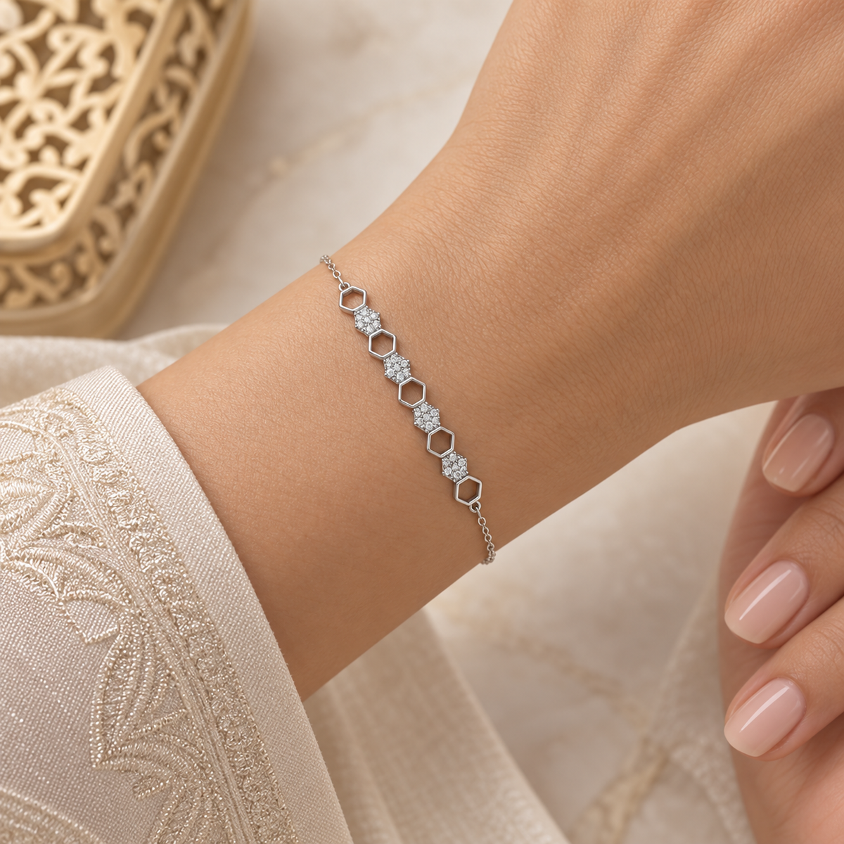 Silver-Tone Open Hexagon Crystal Bracelet